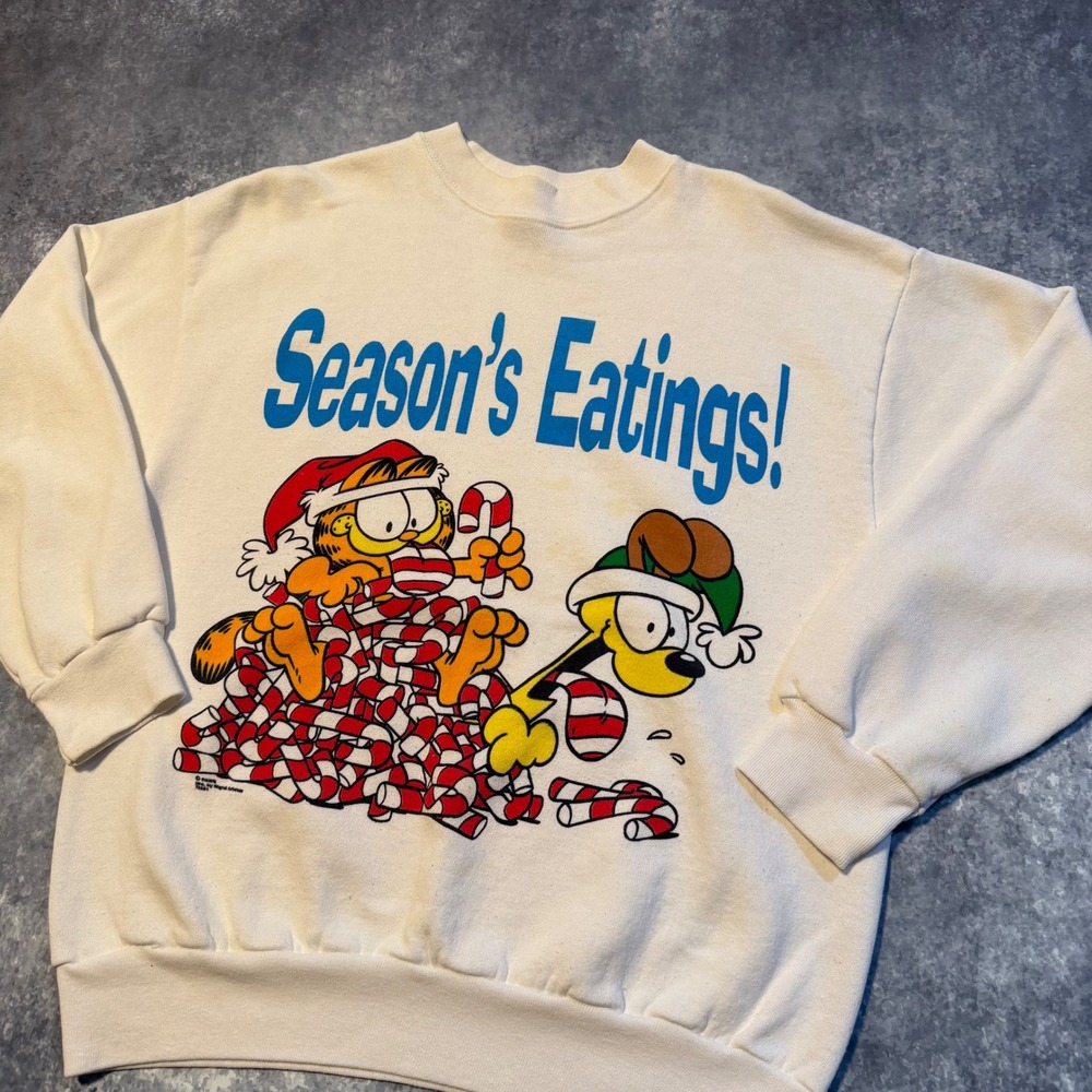 Vintage Garfield Season's Eatings‎ Christmas Sweatshirt Large Tultex Mens